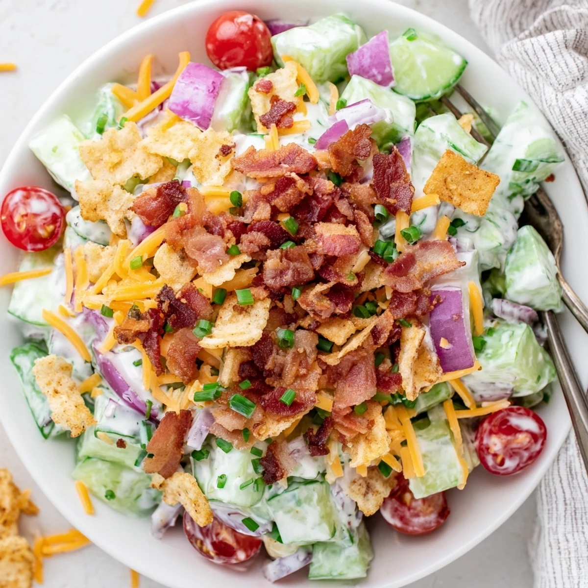 Cucumber Ranch Crack Salad piled with crispy bacon, cheddar, and crunchy chips.