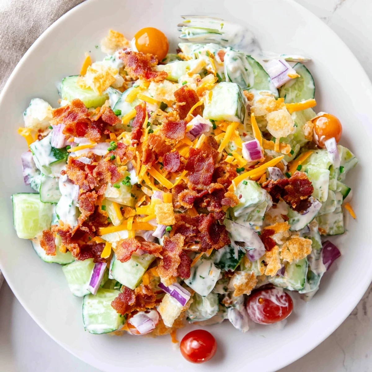 Fresh Cucumber Ranch Crack Salad with cherry tomatoes, chives, crunchy topping.