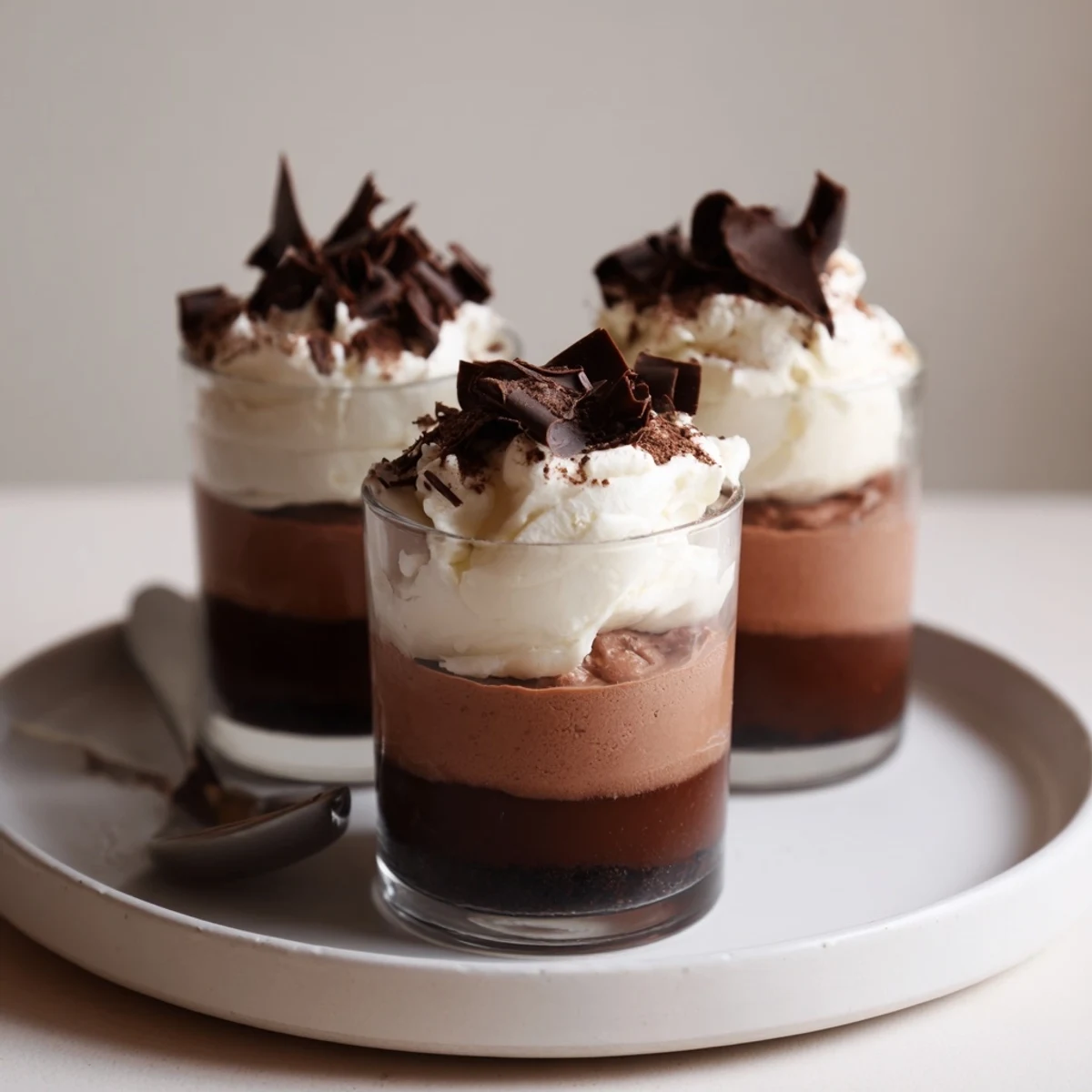 A close-up of Triple Chocolate Mousse Cups served with cocoa dusting, chilled