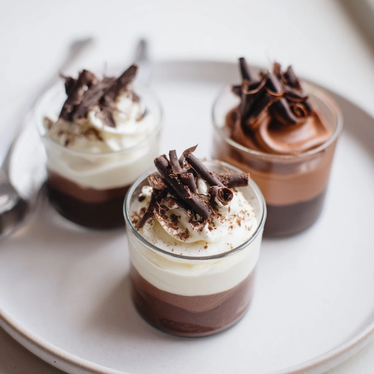 Triple Chocolate Mousse Cups glistening with shaved chocolate, layered creamy dark, milk, and white