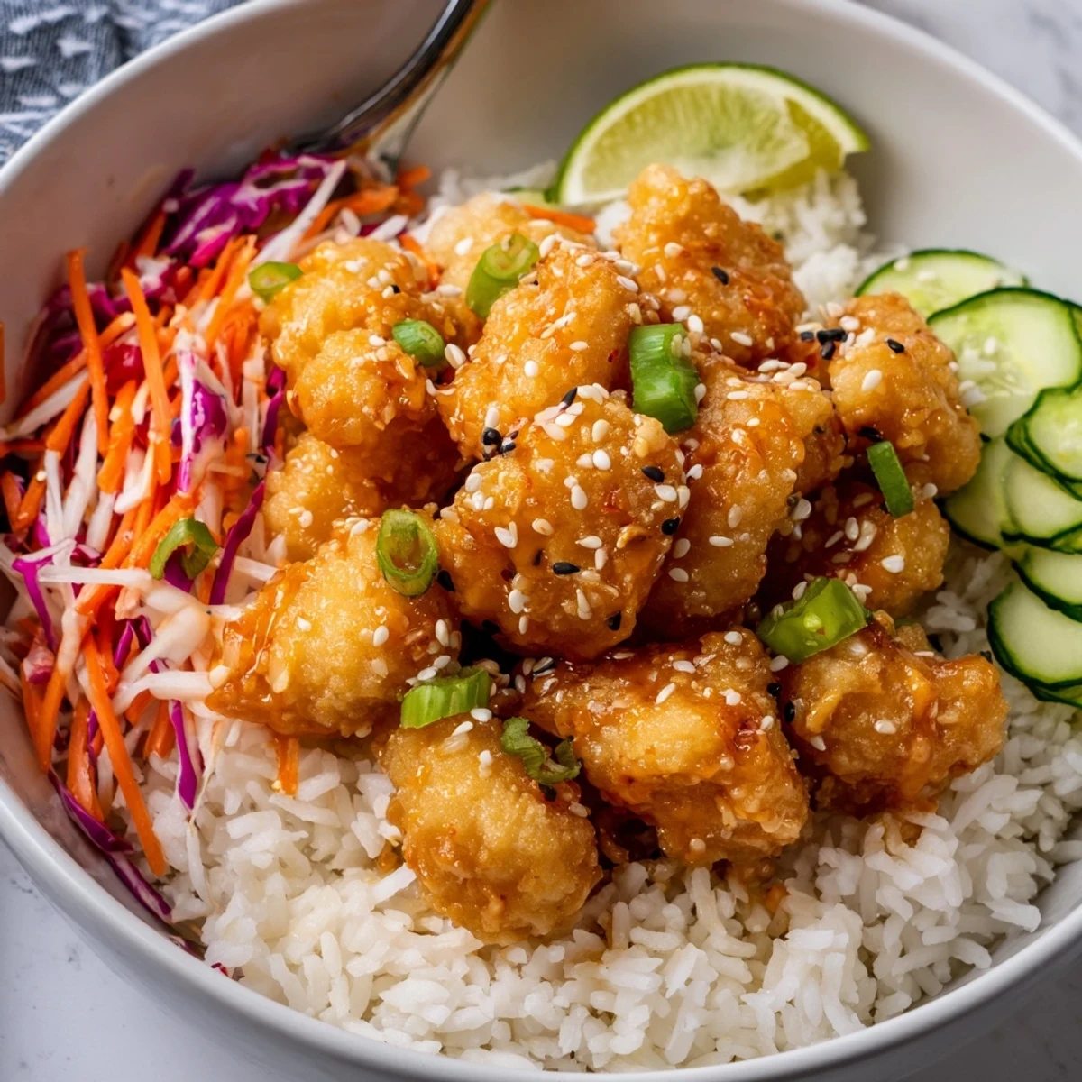 Creamy, spicy sauce coats golden chicken over rice in Bang Bang Chicken Bowl Recipe