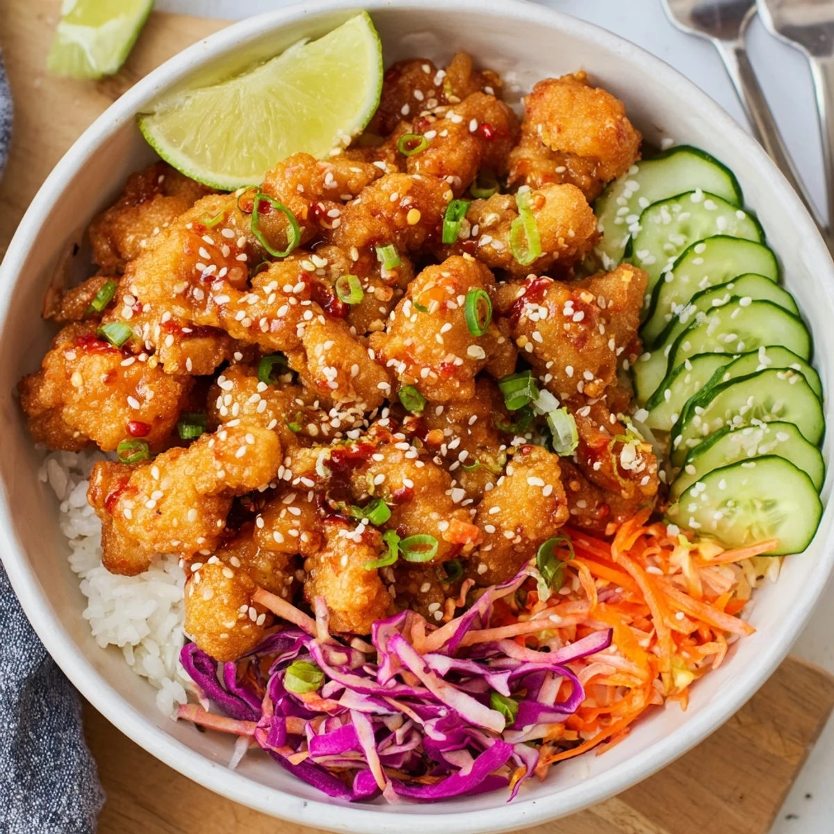 Crispy chicken, crunchy vegetables, and jasmine rice in Bang Bang Chicken Bowl Recipe