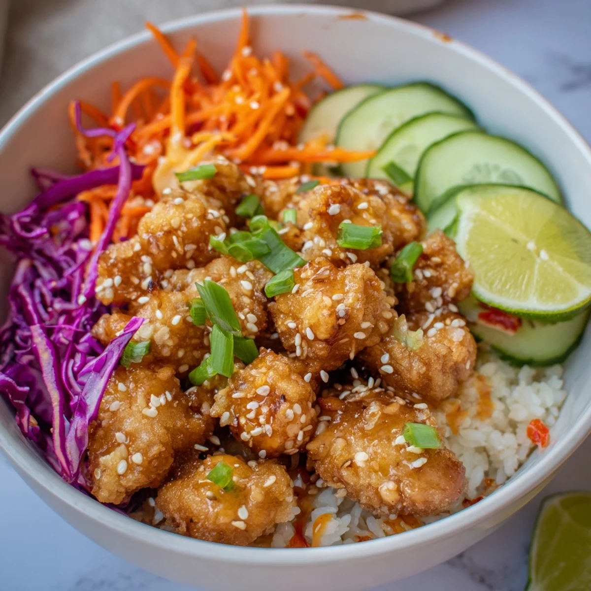 Weeknight favorite: tangy-sweet Bang Bang Chicken Bowl Recipe garnished with cilantro, lime