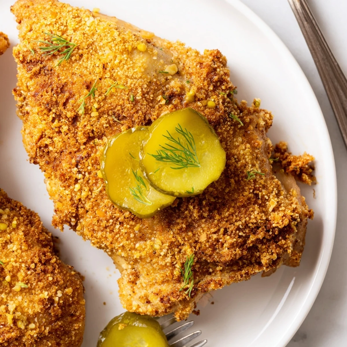 Pan-fried Crispy Dill Pickle Chicken resting on wire rack, juicy interior