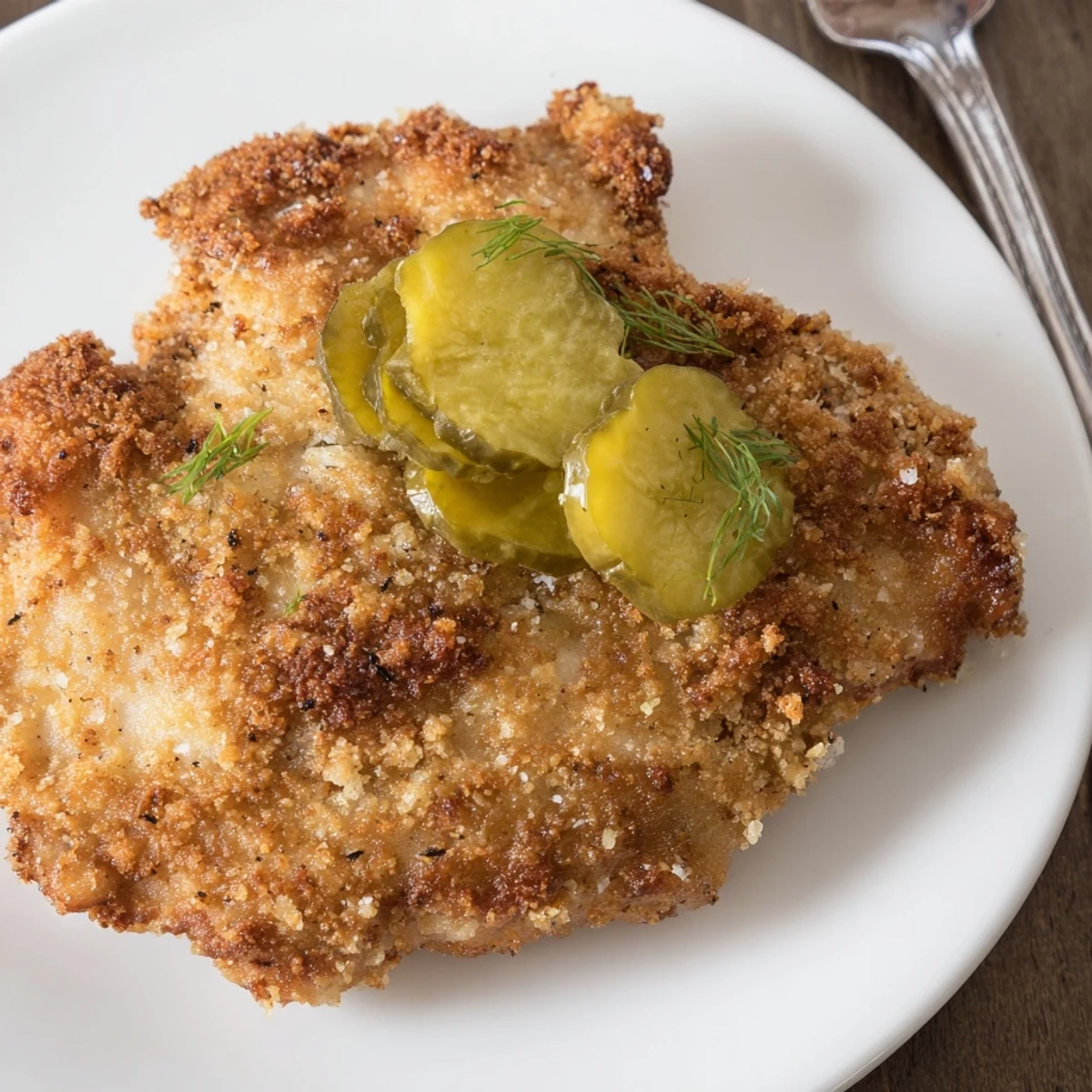 Crispy Dill Pickle Chicken with golden crust, briny pickle garnish steaming