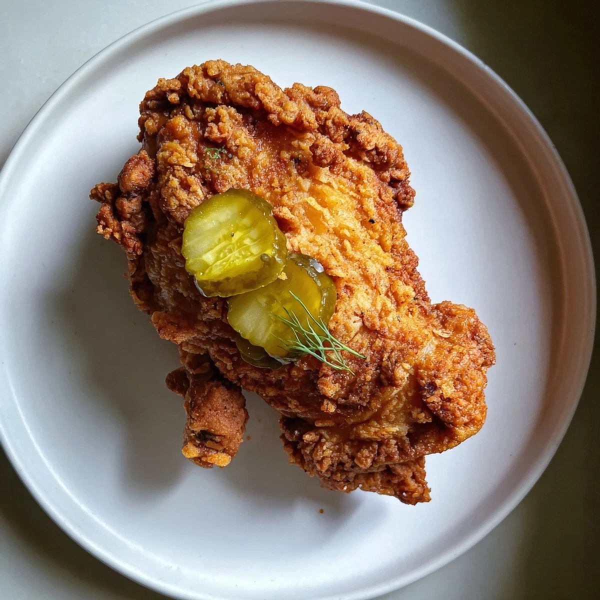 Crispy Dill Pickle Chicken served with creamy coleslaw and lemon wedge