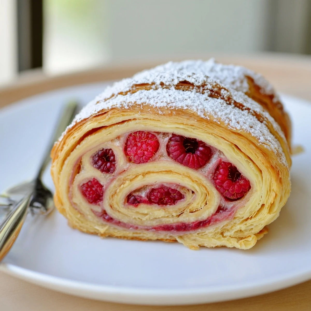 Raspberry Puff Pastry Rolls Recipe: golden flaky spirals dusted with powdered sugar