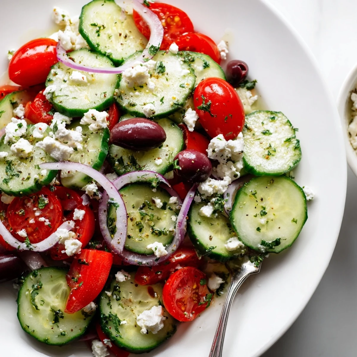 Mediterranean Cucumber Salad Recipe showing crisp cucumber slices, juicy tomatoes, and feta