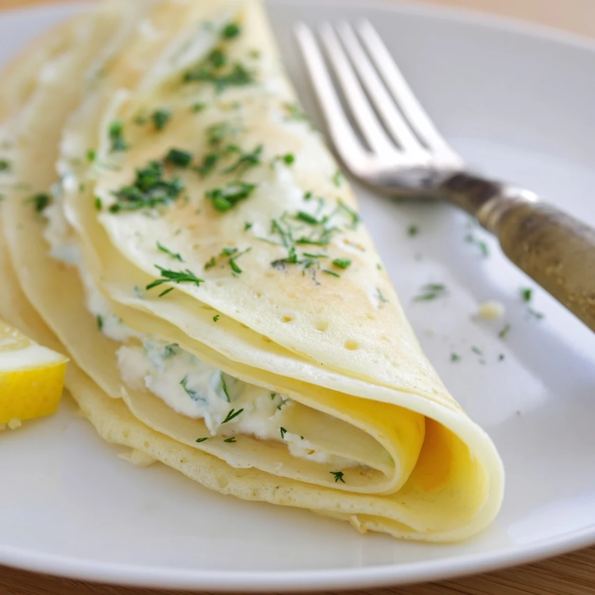 Creamy herbed cheese inside Smoked Salmon Crepes Recipe, served warm on white platter