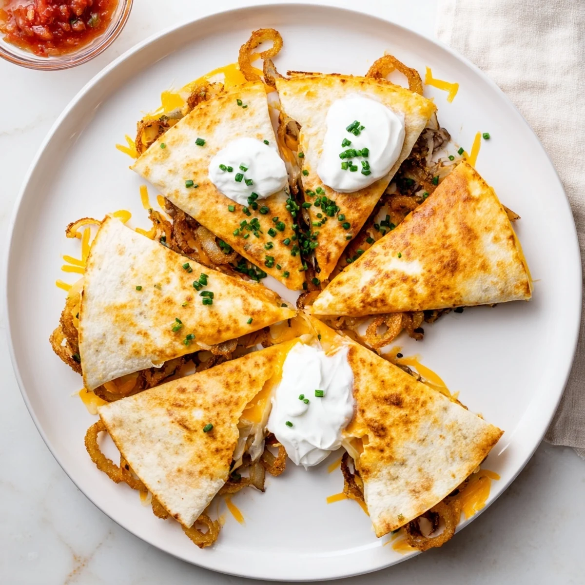 Sliced wedges revealing gooey mozzarella and crunchy battered onion rings between warm tortilla layers