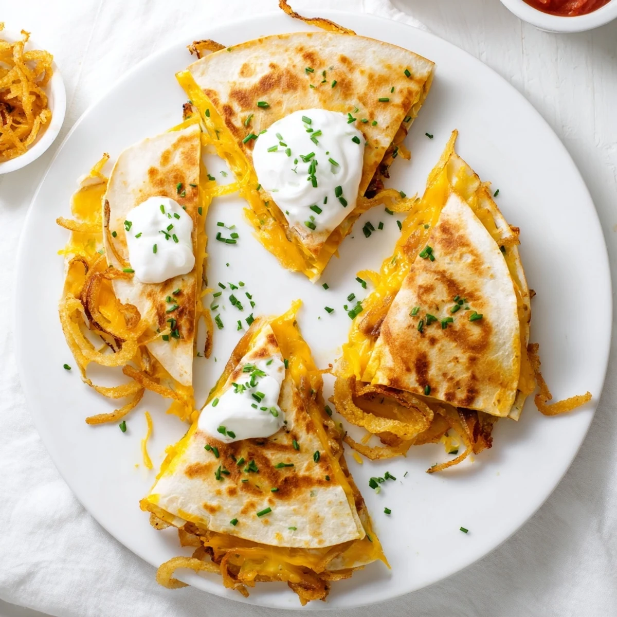 Tex-Mex quesadilla featuring panko-crusted onion rings and bubbly cheese blend on a serving plate