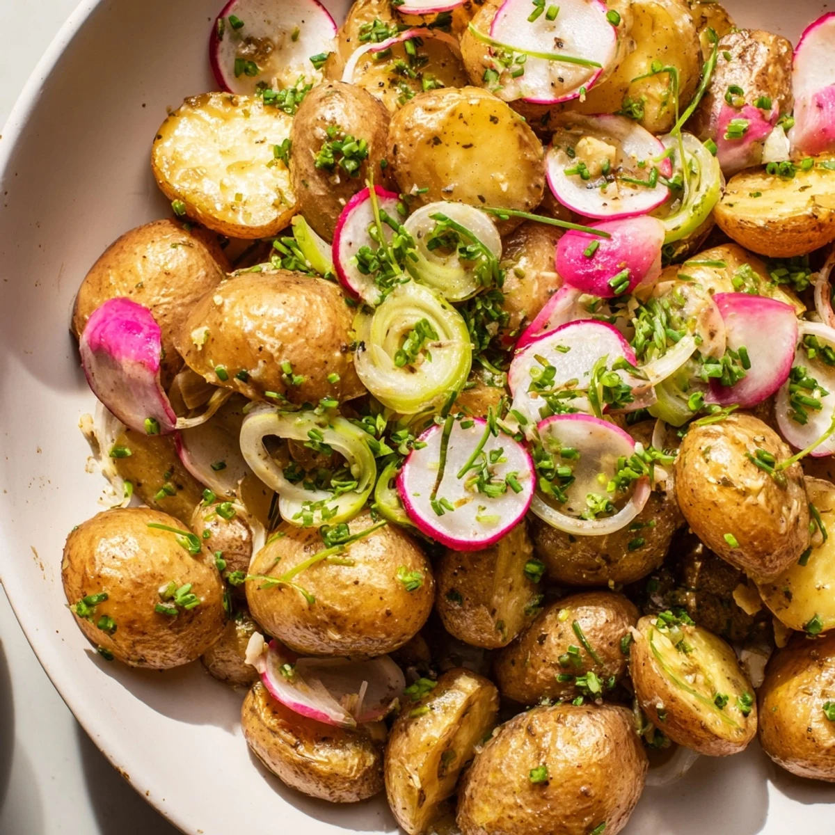 Warm roasted potato salad featuring tender golden potatoes and bright herb dressing