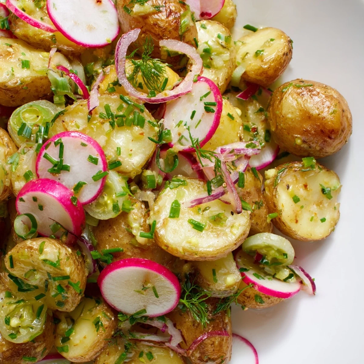Crispy roasted potato salad with red onion celery and zesty mustard vinaigrette