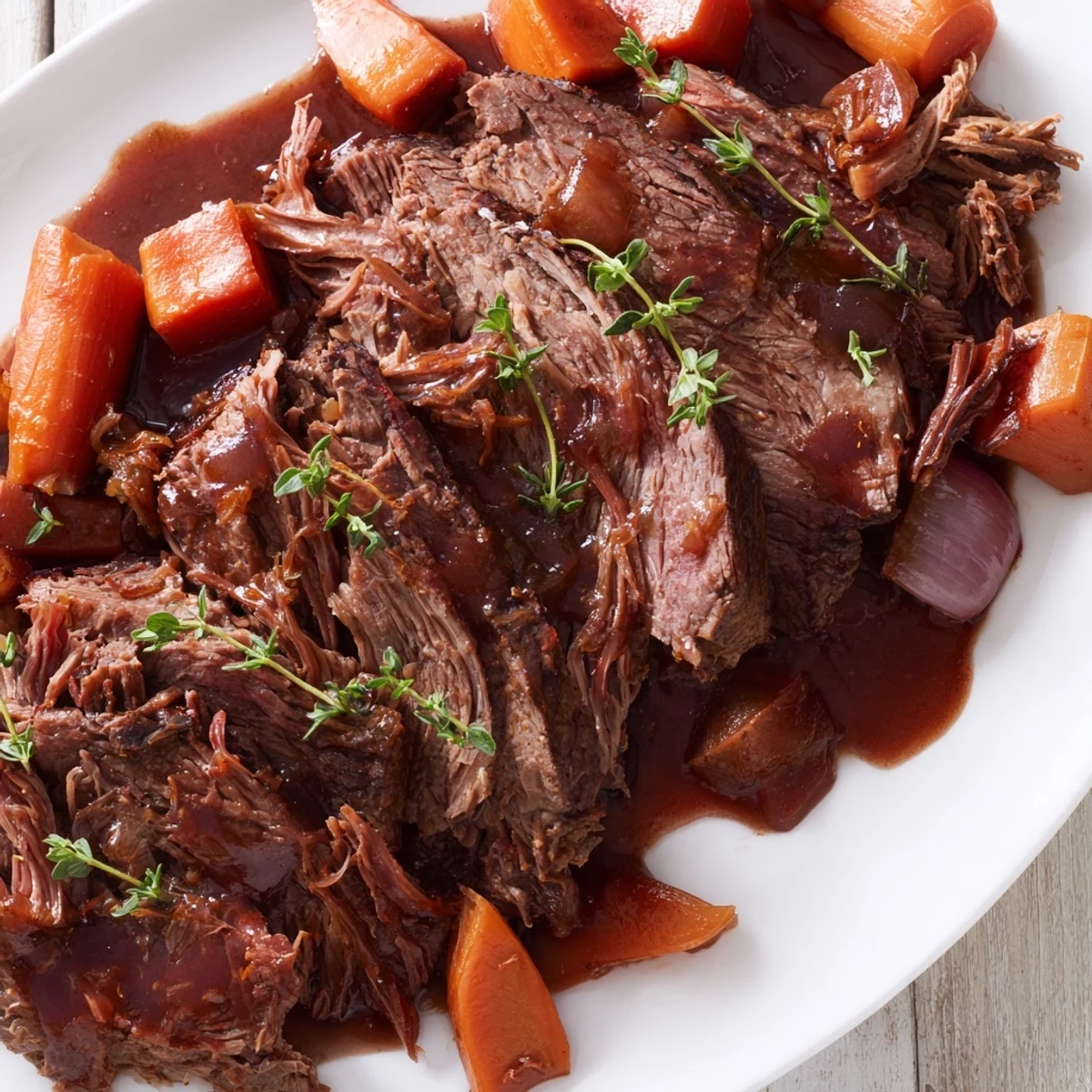 Tender herb braised beef chuck roast served with roasted vegetables in a rich savory sauce