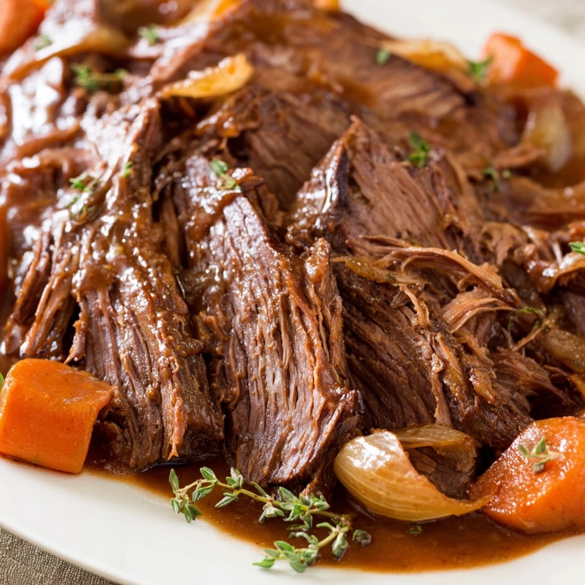 Slow cooked herb braised beef chuck roast with meltingly tender meat and fresh thyme and rosemary