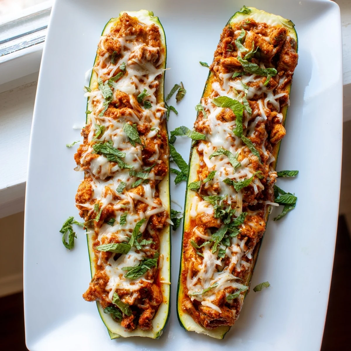 Golden tender zucchini boats overflowing with creamy spiced butter chicken and fresh cilantro garnish