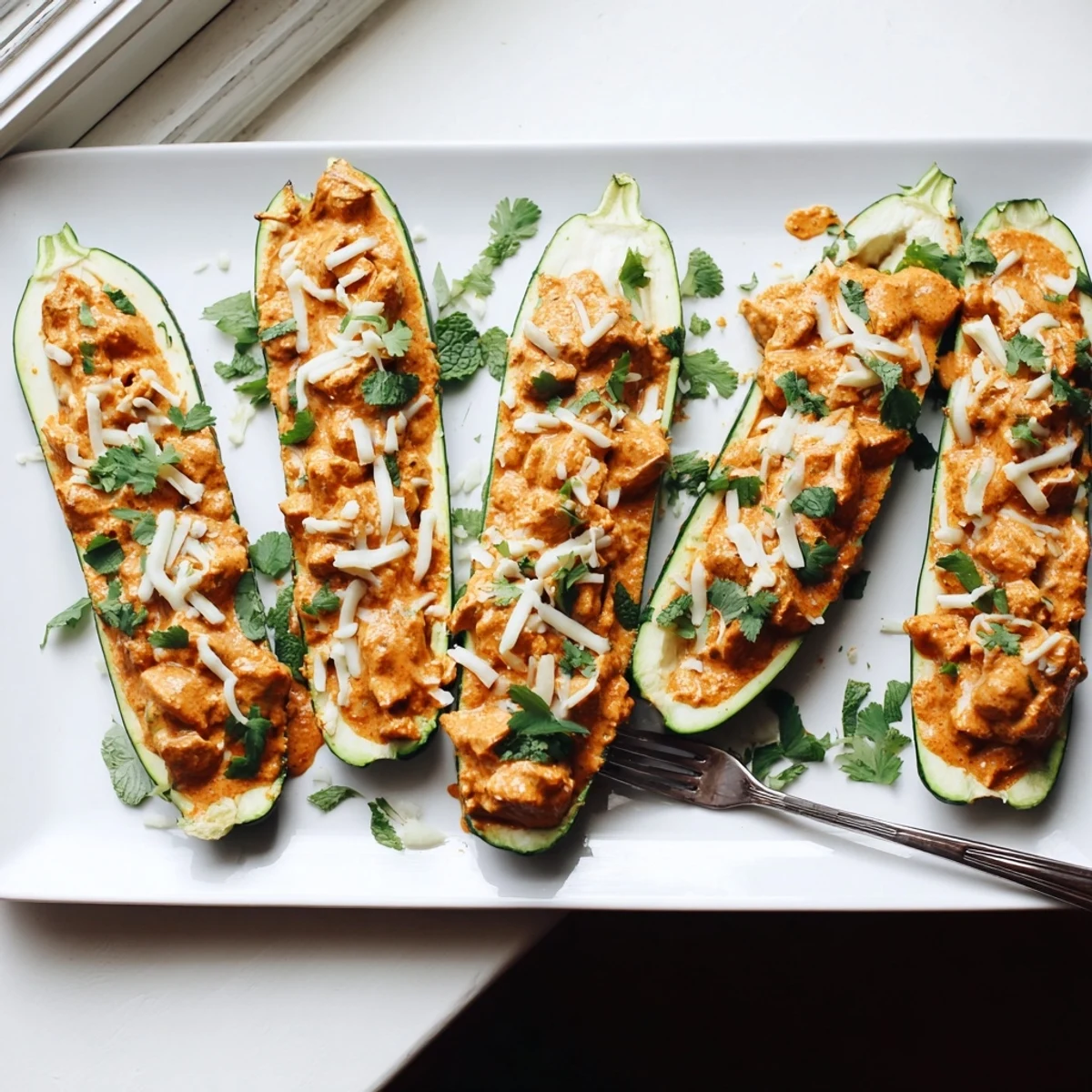 Four hollowed zucchini halves filled with aromatic Indian butter chicken finished with chopped mint and cilantro