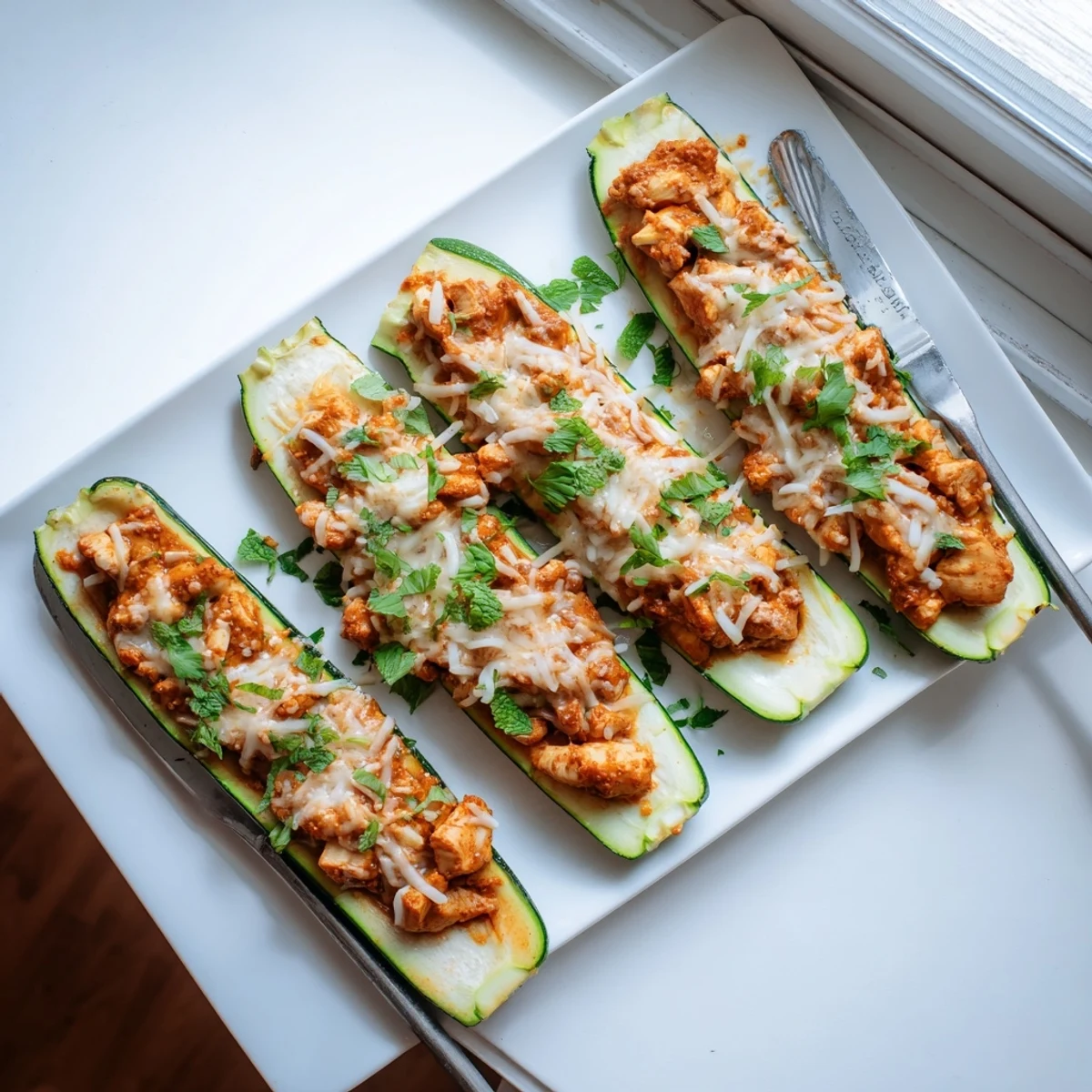 Baked butter chicken stuffed zucchini boats topped with melted mozzarella and vibrant green herbs