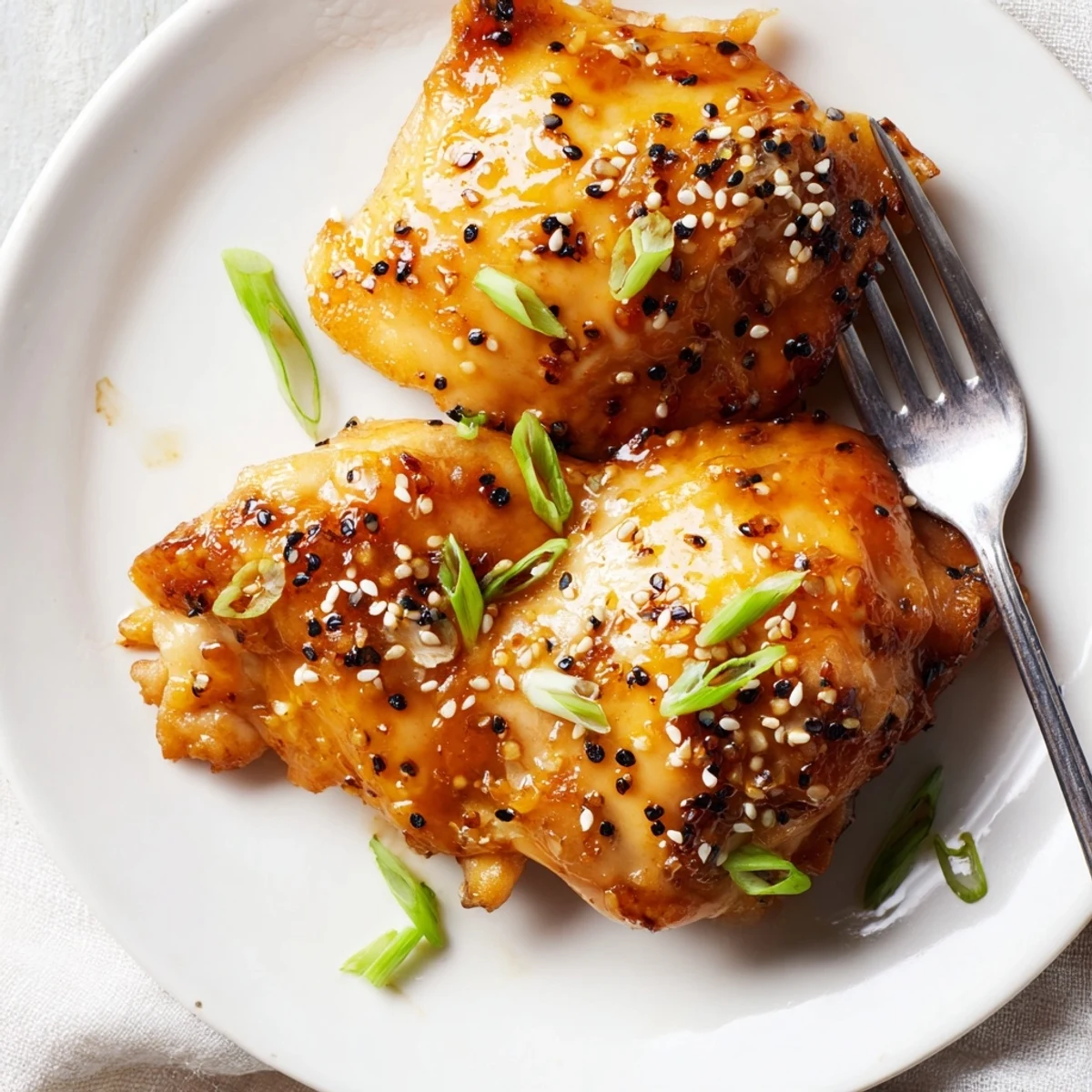 Golden garlic black pepper chicken pieces garnished with fresh green onions and sesame seeds