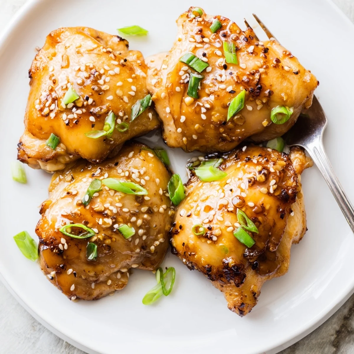 Savory garlic black pepper chicken served hot over steamed white rice with chopped scallions