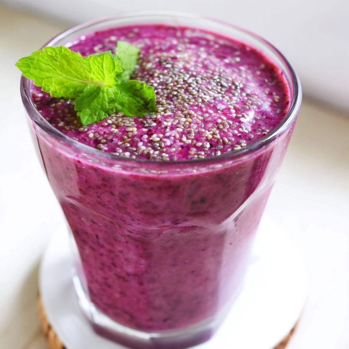 Thick purple Beet Smoothie poured into clear Mason jars with sliced banana garnish and ice cubes