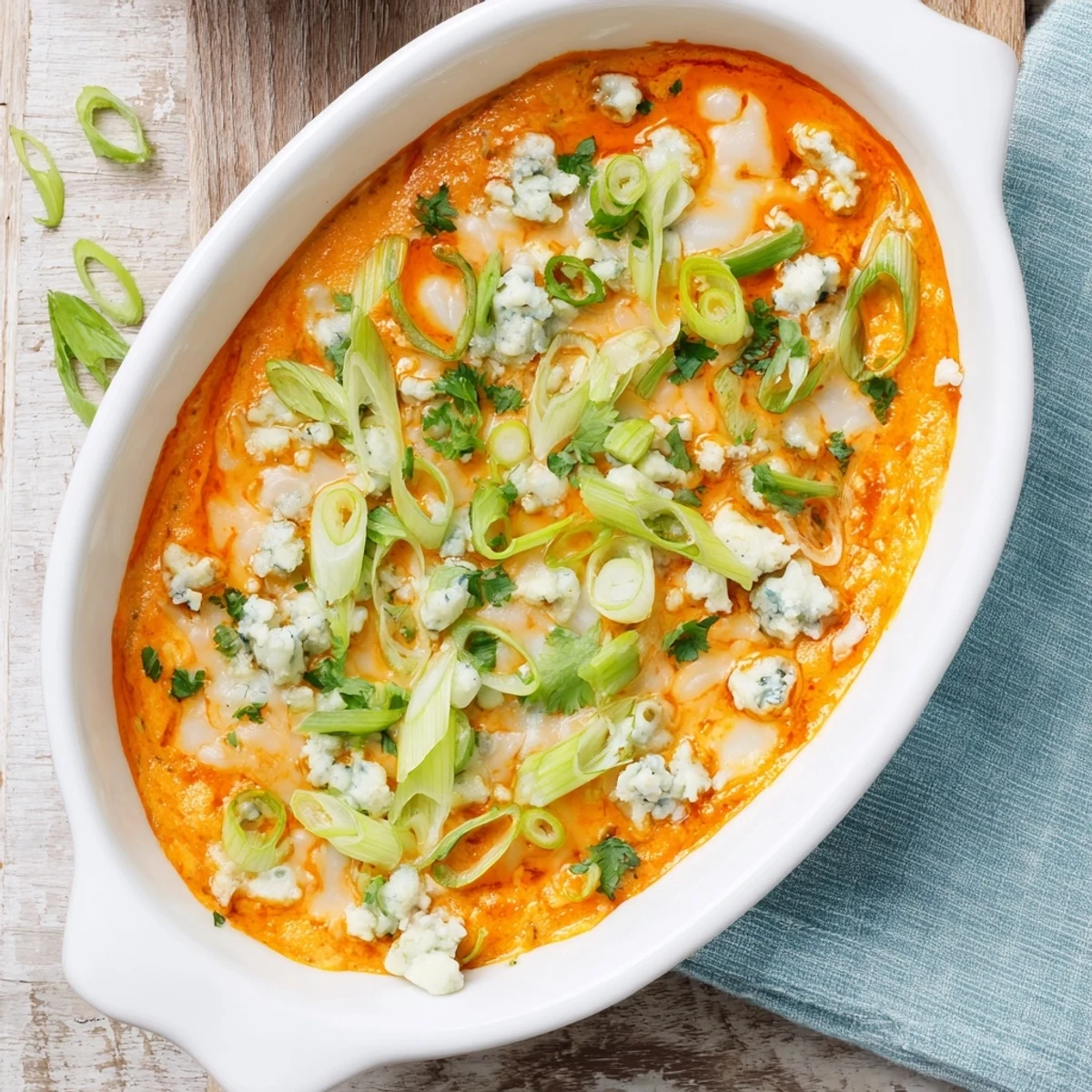 Creamy white bean buffalo dip in a baking dish with blue cheese crumbles and paprika dusting