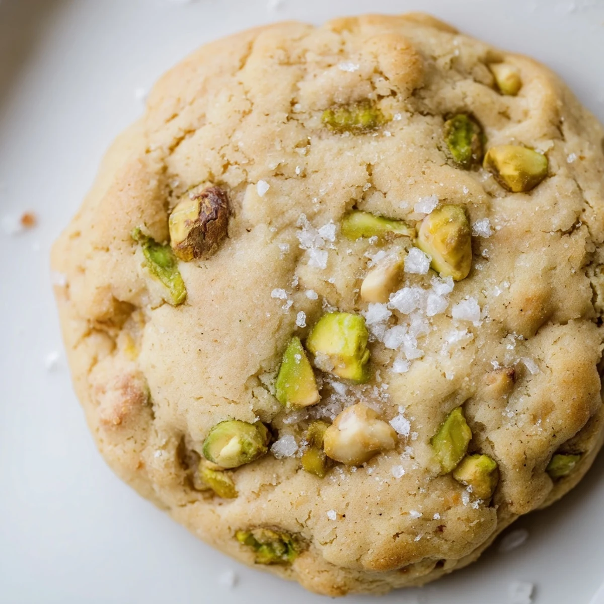 Soft-baked salted honey pistachio cookies with golden edges and chopped green pistachios