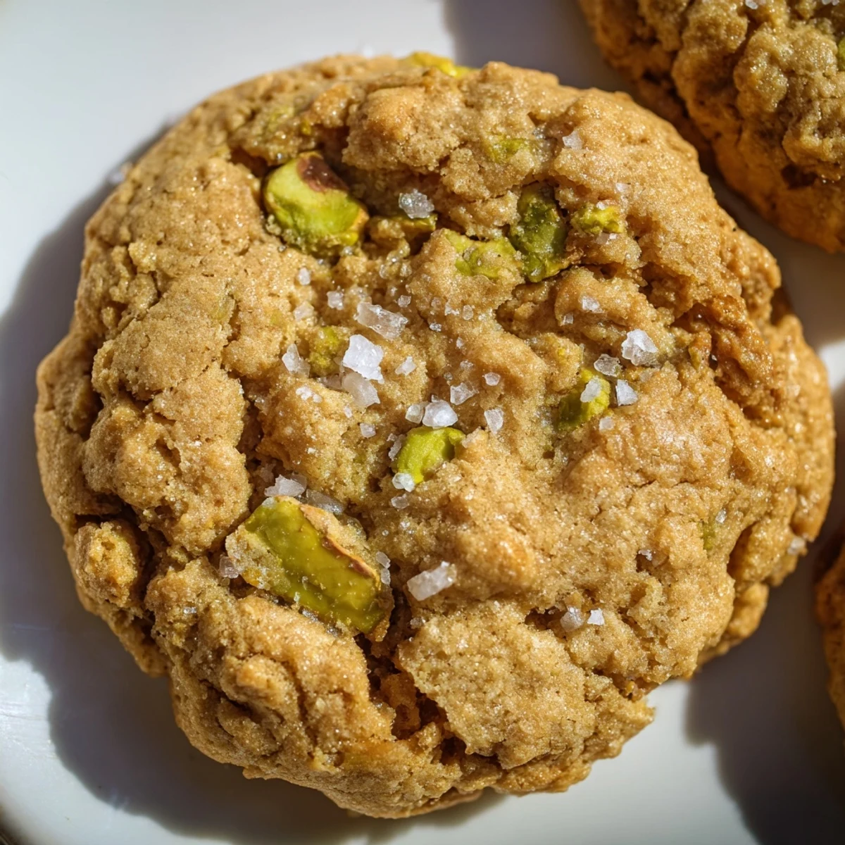 Chewy honey pistachio cookies topped with flaky sea salt on a wooden board