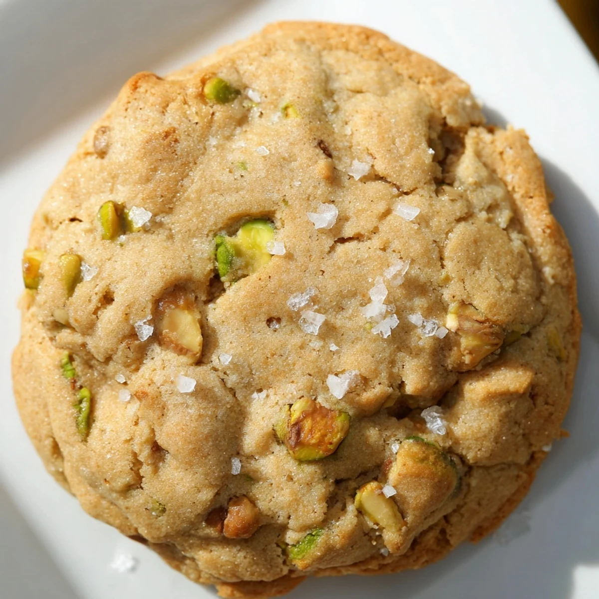 Freshly baked salted honey pistachio cookies cooling on wire rack with nutty chunks visible