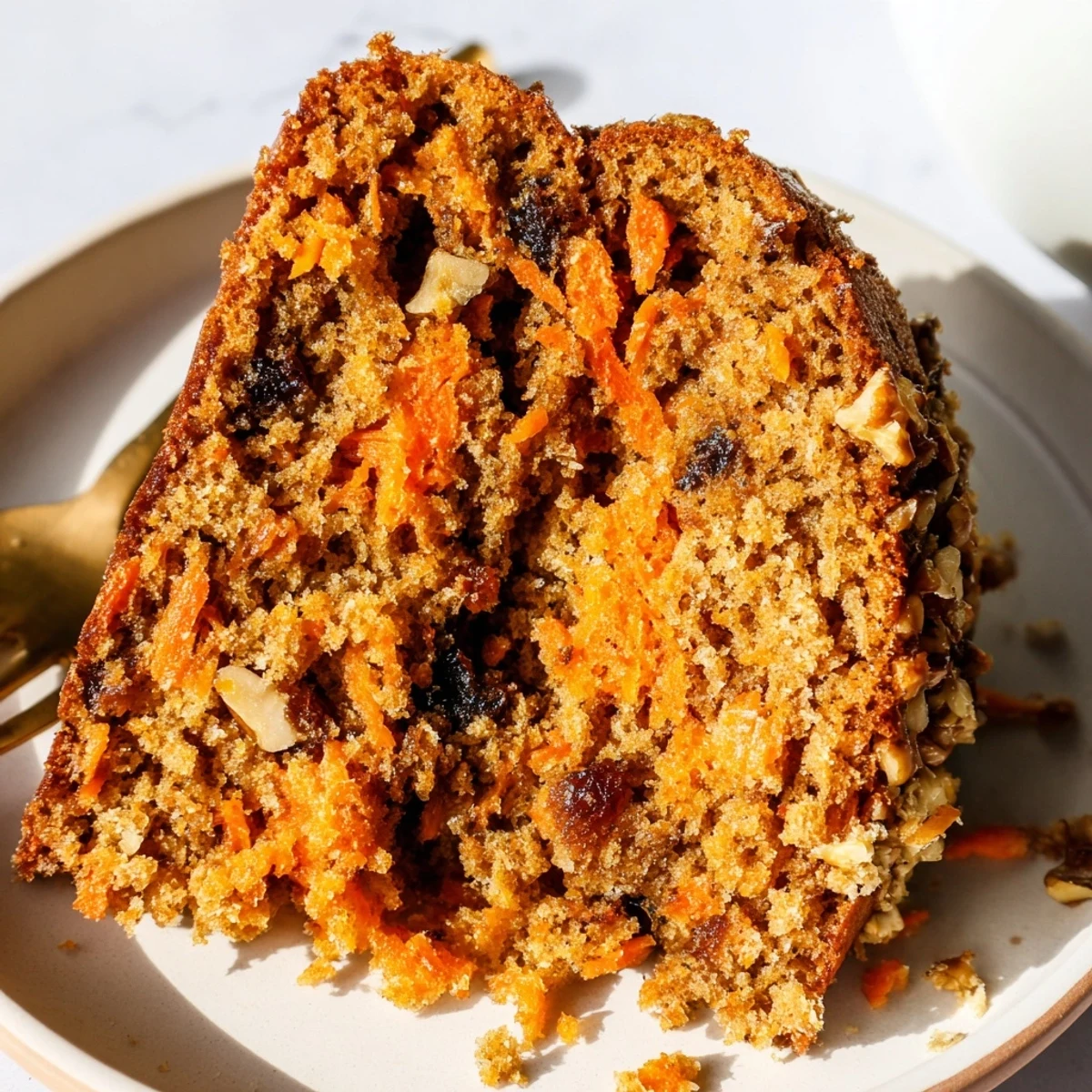 Moist flourless oatmeal carrot cake slice topped with cream cheese frosting and chopped walnuts on a white plate