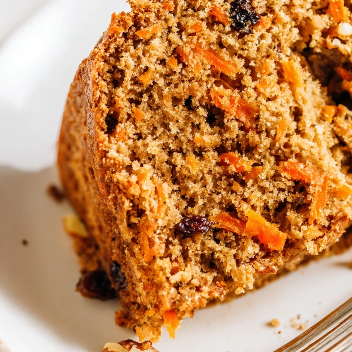 Wholesome flourless oatmeal carrot cake square featuring visible carrot shreds and raisins, served on a rustic wooden board