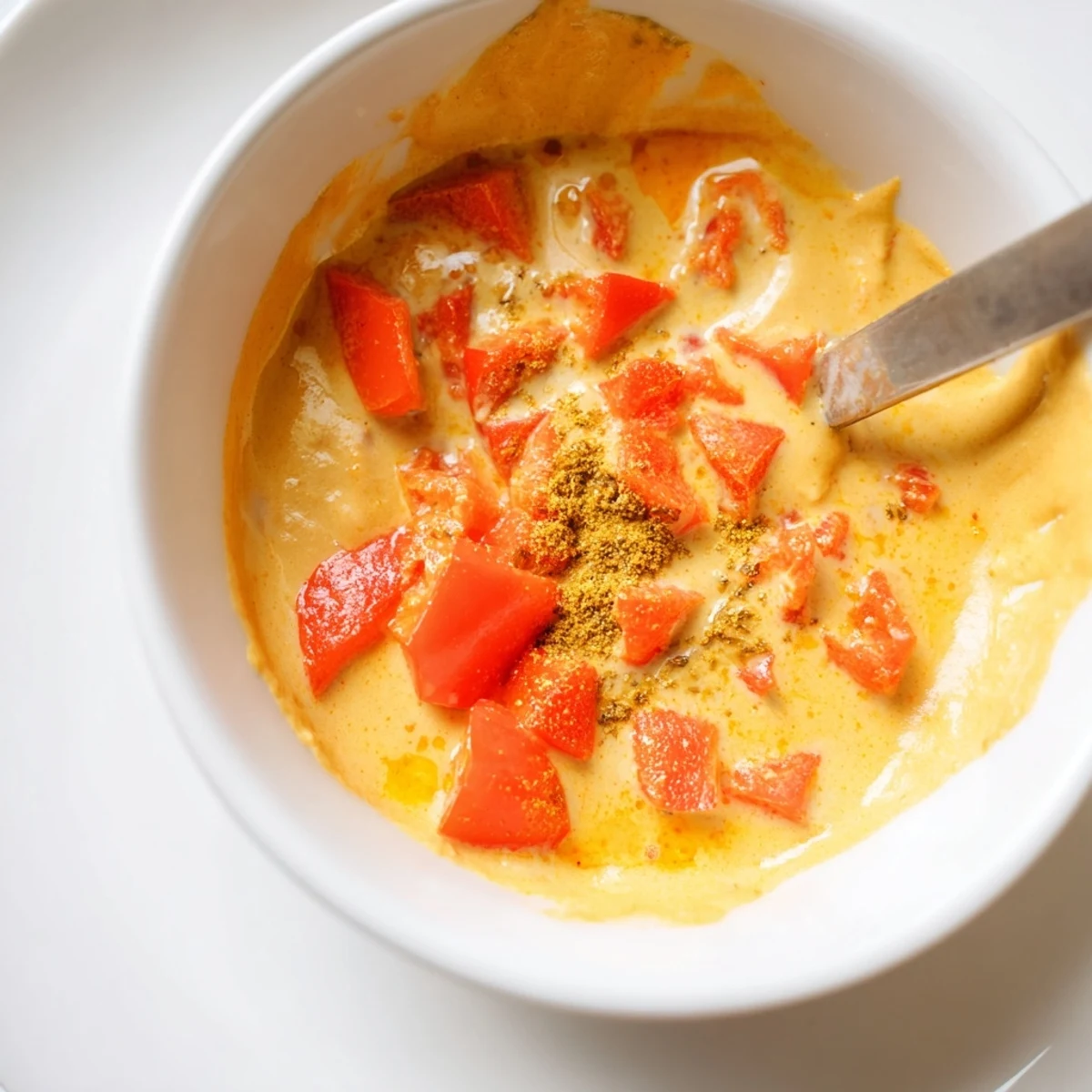 Smooth and spicy nacho cashew cheese sauce being poured from a glass measuring cup onto tacos