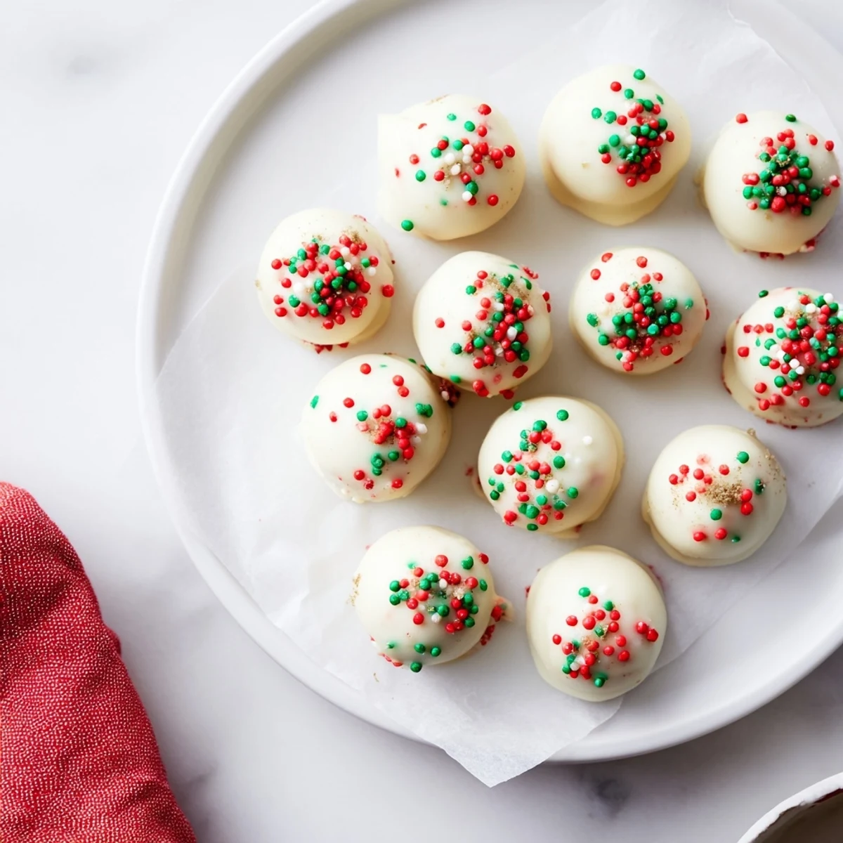 Festive Christmas Golden Oreo truffles displayed on a decorative platter with snowy candy cane pieces scattered around