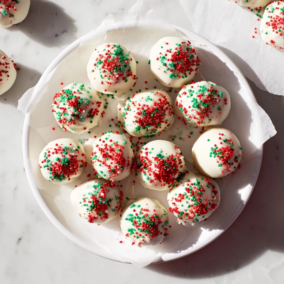 Creamy Golden Oreo truffle balls dipped in vanilla coating arranged on a holiday serving tray with edible glitter