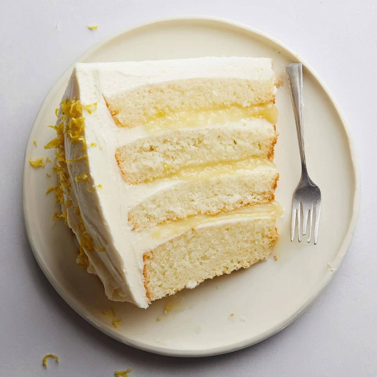 Tall lemon layer cake with fluffy buttercream and tangy curd filling on a white serving plate, topped with fresh lemon zest garnish.