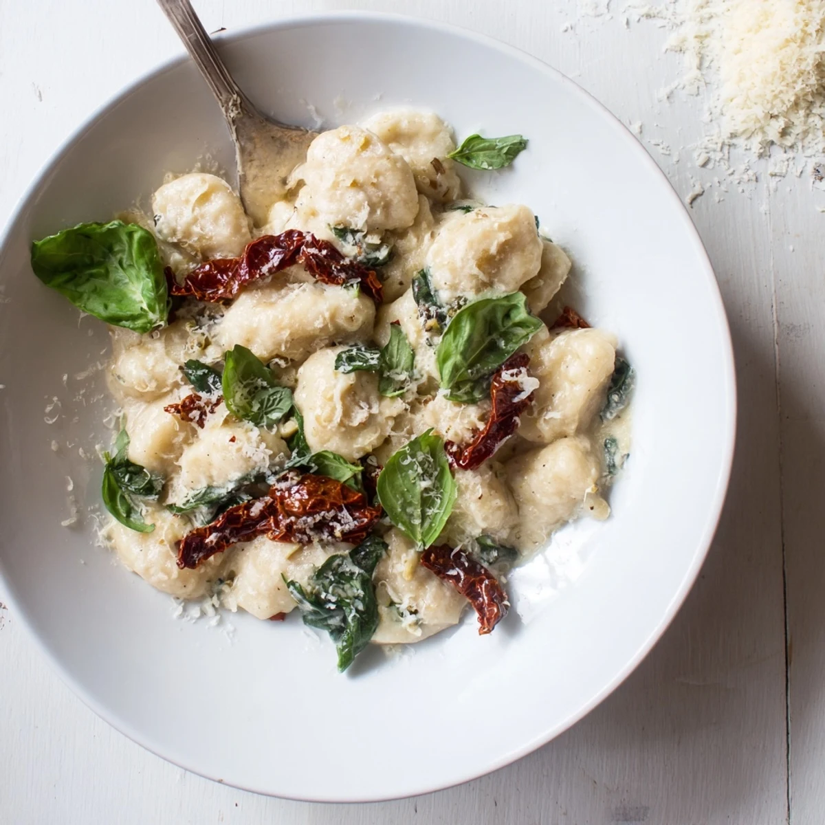 Golden potato gnocchi coated in a velvety white cream sauce with vibrant sun-dried tomatoes and fresh wilted spinach