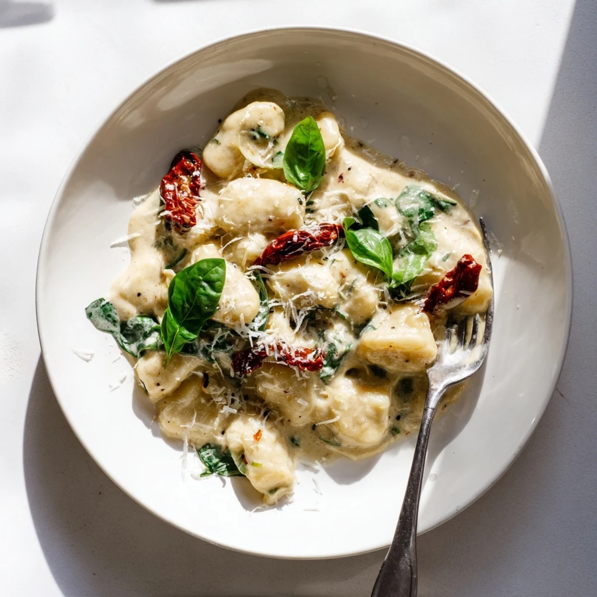 Italian potato dumplings tossed in a luxurious cream sauce dotted with chewy oil-packed sun-dried tomatoes and bright green spinach