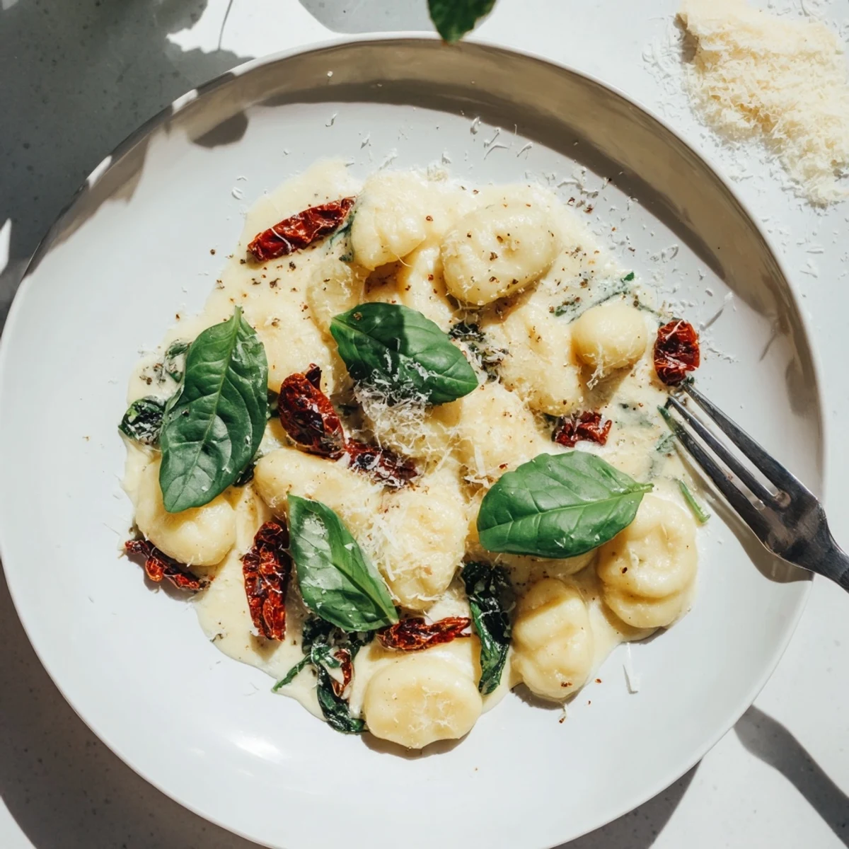 Creamy sun-dried tomato gnocchi plated in a rich garlic parmesan sauce with tender spinach leaves and savory tomato pieces