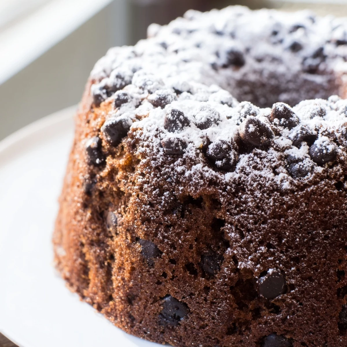 Mini chocolate cake with powdered sugar dusting served on white plate