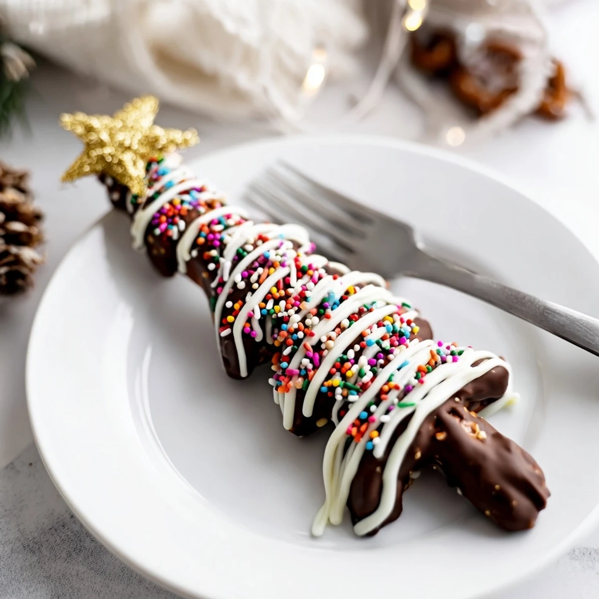 Chocolate pretzel trees with salty pretzel rods dipped in melted semisweet chocolate and colorful sprinkles