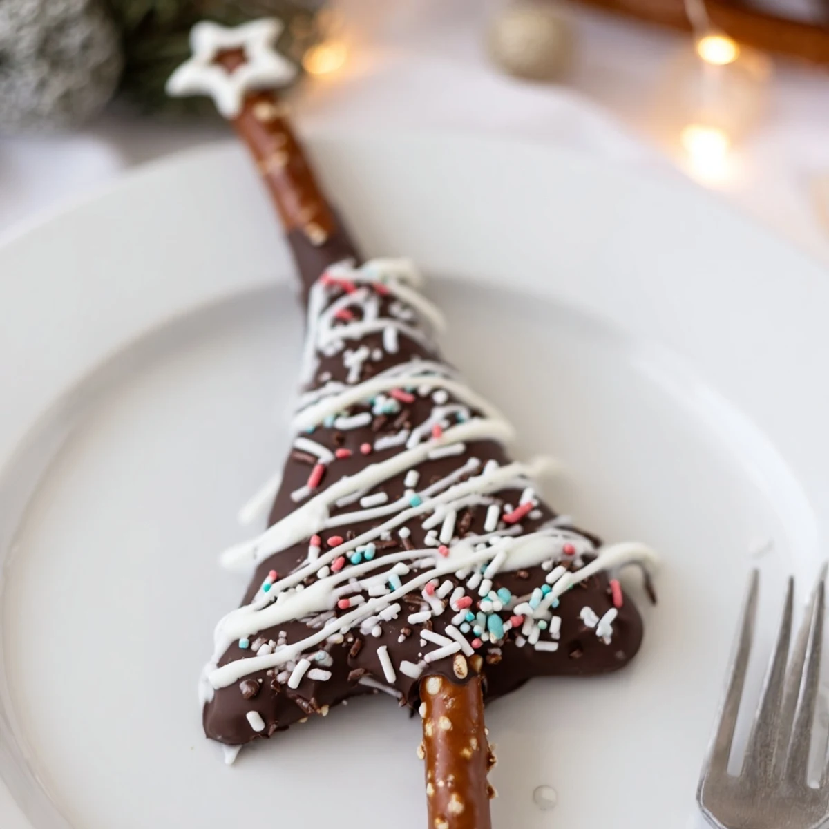 Festive chocolate pretzel trees decorated with white chocolate drizzle and candy star toppers for holidays