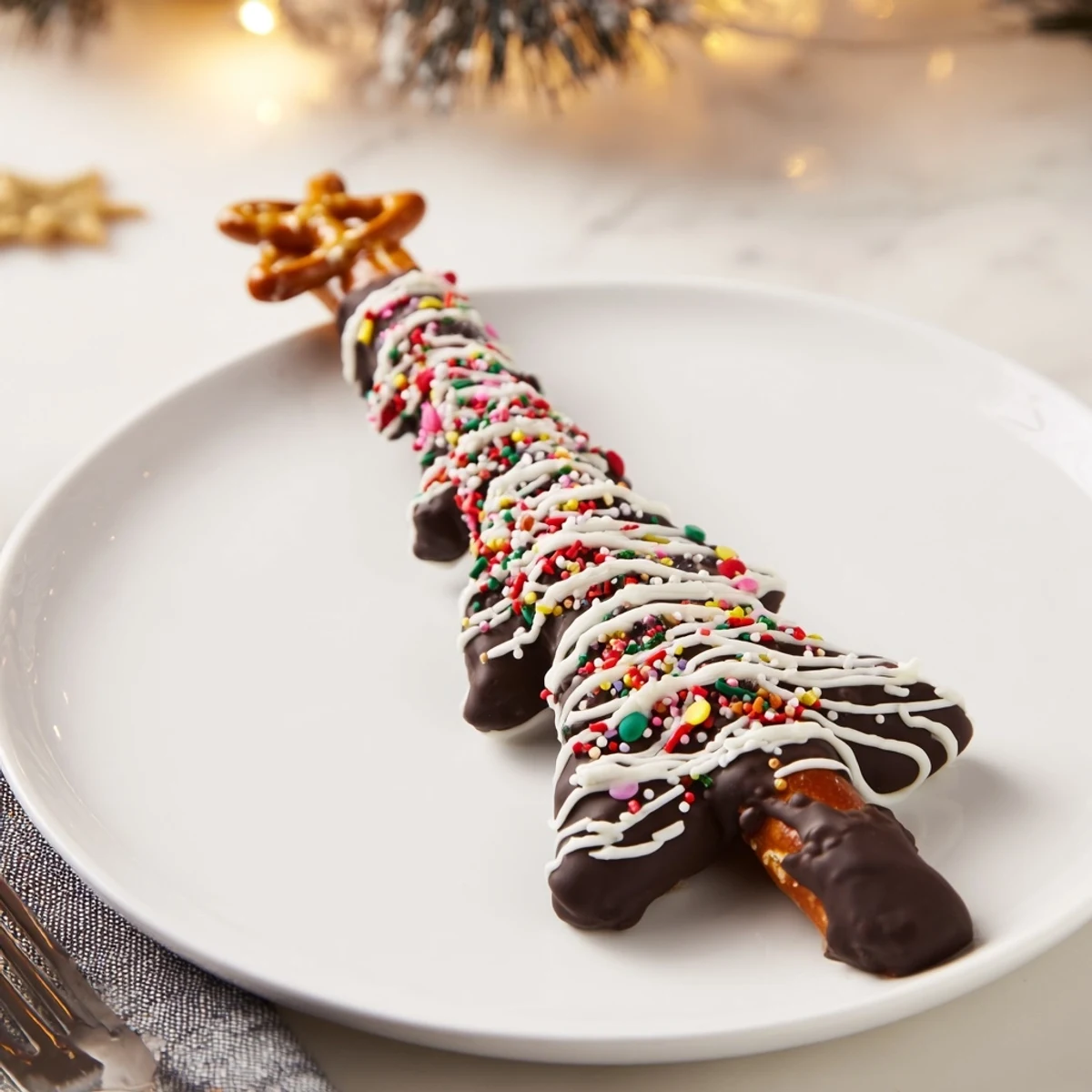 Easy chocolate pretzel trees on parchment paper with rainbow sprinkles and pretzel stick handles