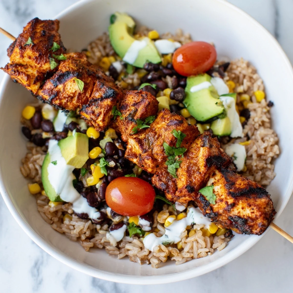 Golden smoky chicken skewers rest over brown rice with colorful fresh vegetables and creamy yogurt sauce