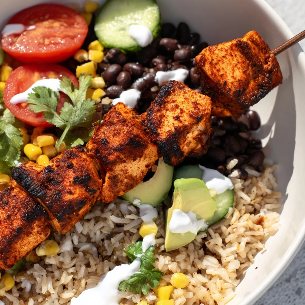 Complete smoky chicken skewer bowl with charred meat, cherry tomatoes, cucumber, and tangy yogurt topping