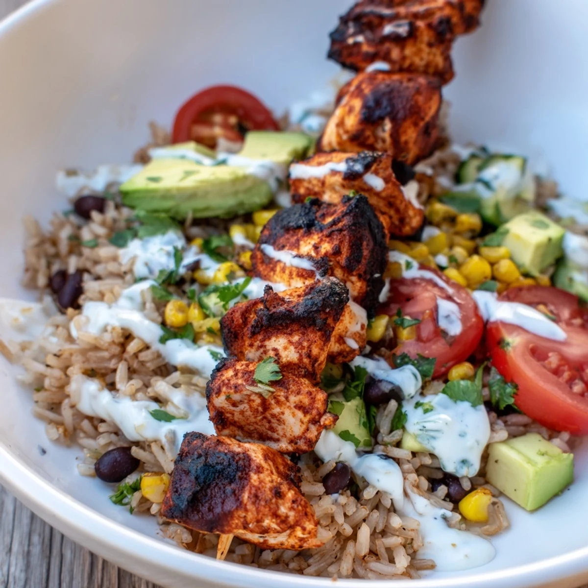 Vibrant smoky chicken skewer bowl featuring grilled chicken, black beans, corn, avocado slices, and zesty drizzle