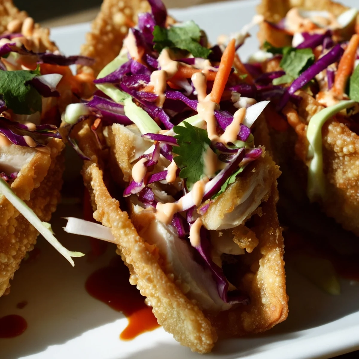 Homemade Asian chicken wonton tacos featuring fried wonton shells topped with fresh cabbage slaw and spicy mayo drizzle