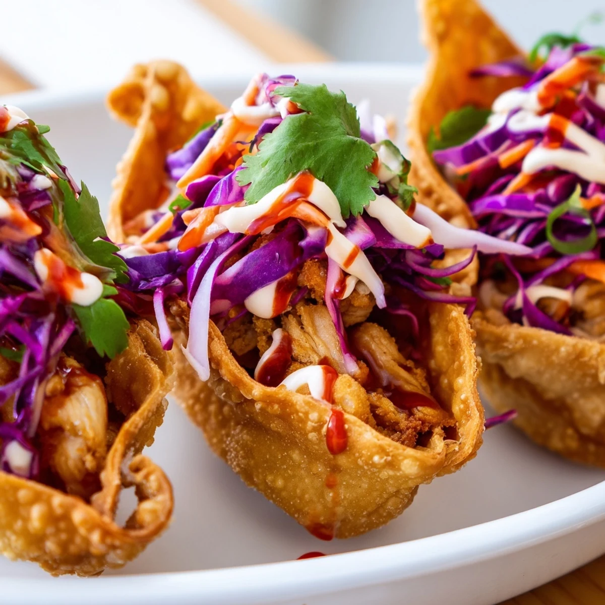 Golden crispy Asian chicken wonton tacos filled with savory tender chicken and colorful crunchy slaw