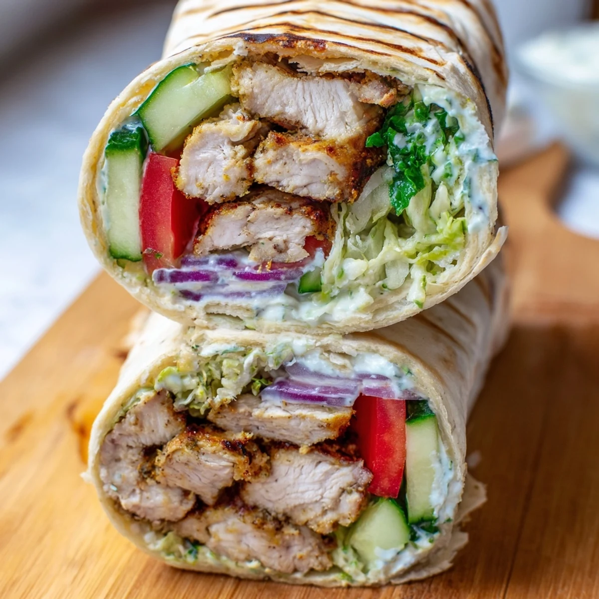 Golden garlic chicken shawarma wrap filled with crisp vegetables and creamy white sauce
