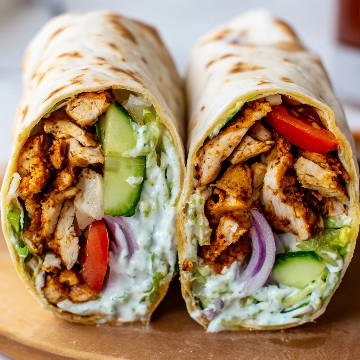 Slice of chicken shawarma wrap revealing spiced meat and fresh vegetable layers