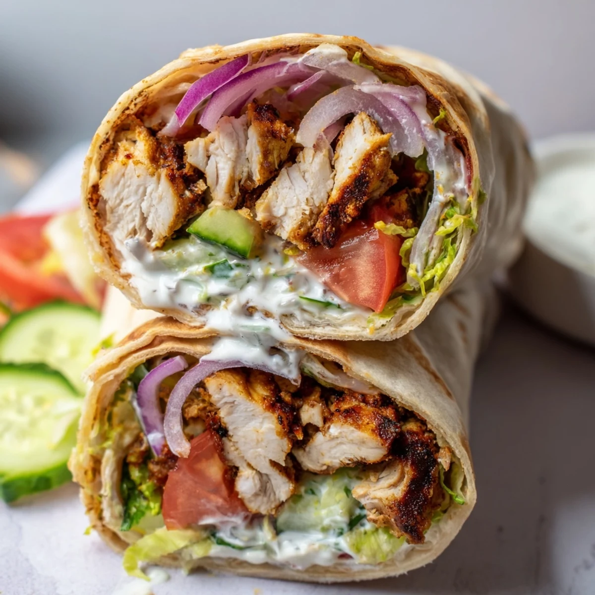 Middle Eastern garlic chicken shawarma wrap plated with vibrant tomato and cucumber toppings